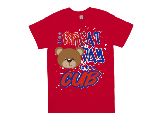 Red Caldwood "GREAT DAY TO BE A CUB" spirit shirt with bear graphic and bold text design