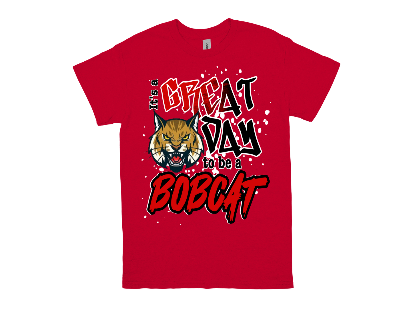 Red Homer Drive t-shirt with "Great Day to Be a Bobcat" text and roaring bobcat graphic