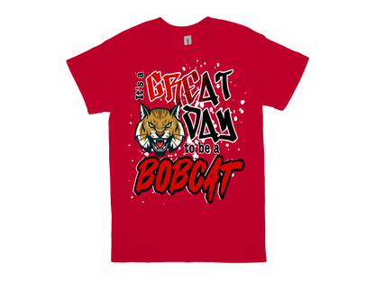 Red Homer Drive t-shirt with "Great Day to Be a Bobcat" text and roaring bobcat graphic