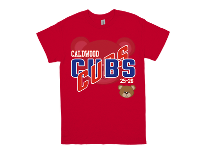 Red Caldwood-CUBS school spirit t-shirt with bear mascot and bold blue and white lettering