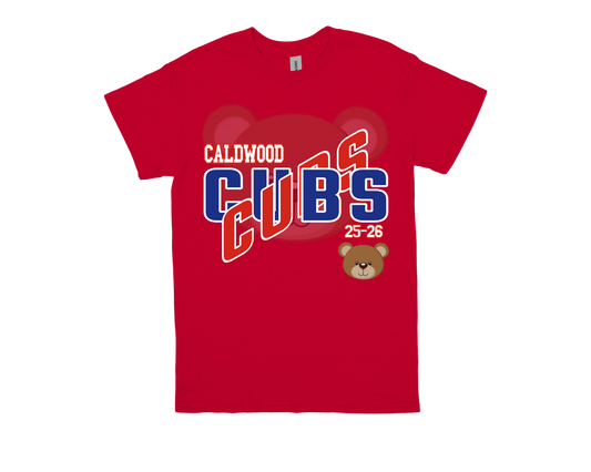 Red Caldwood-CUBS school spirit t-shirt with bear mascot and bold blue and white lettering