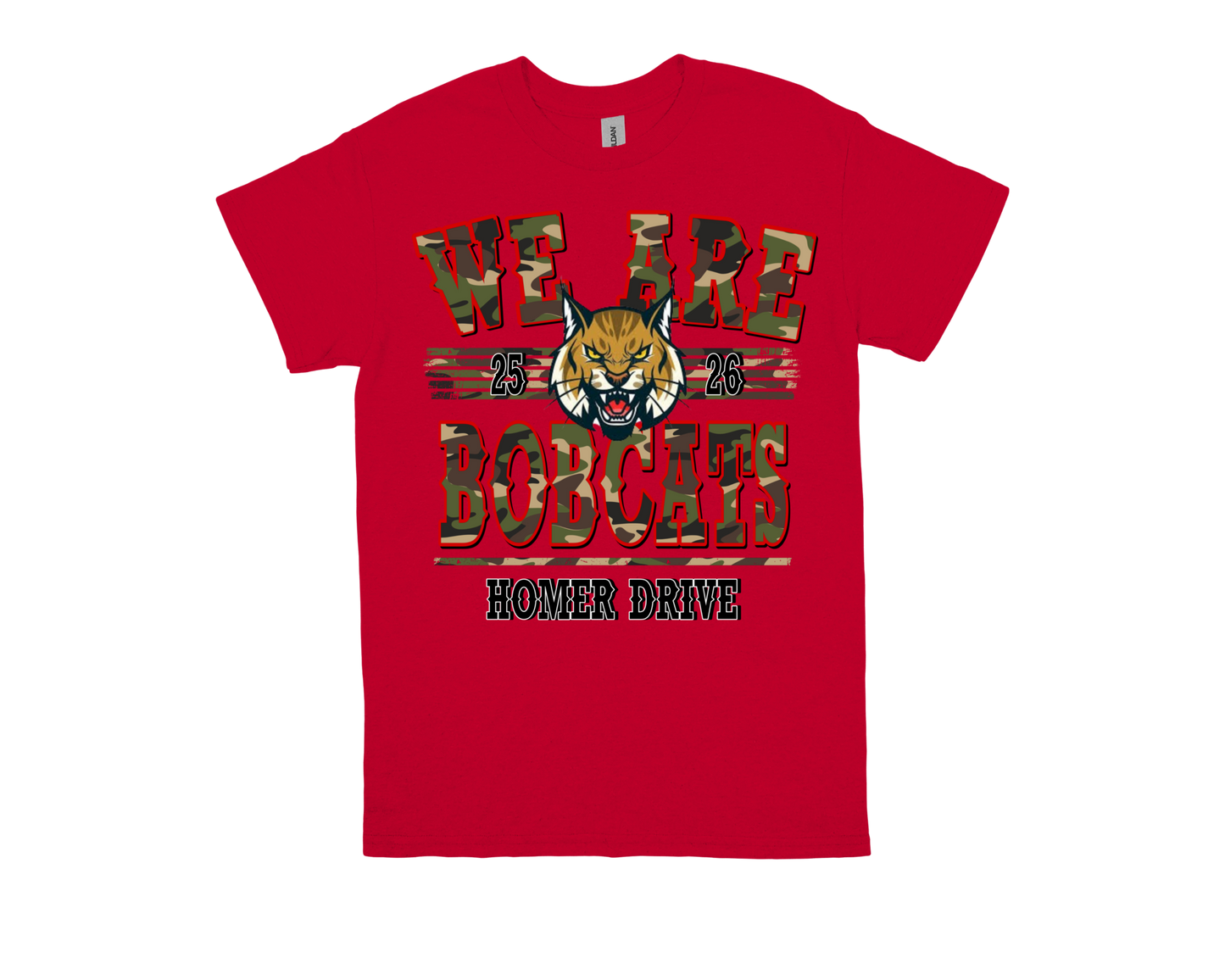 Red Homer Drive "WE ARE BOBCATS" spirit shirt with camo text and bobcat mascot design