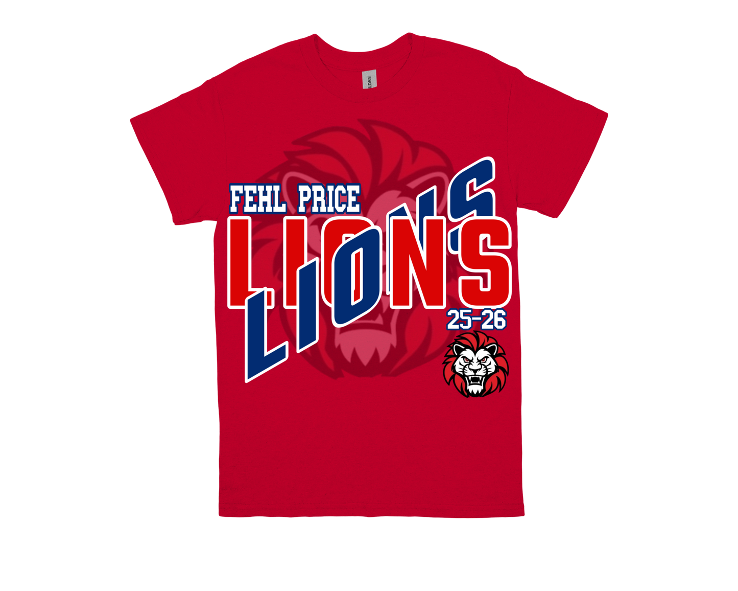 Red Fehl Price-LIONS spirit t-shirt with bold lion graphic and text for school pride