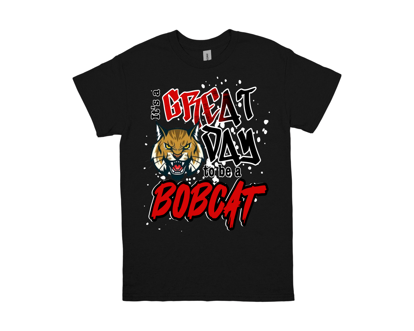 Homer Drive black t-shirt with "Great Day to Be a Bobcat" text and roaring bobcat graphic