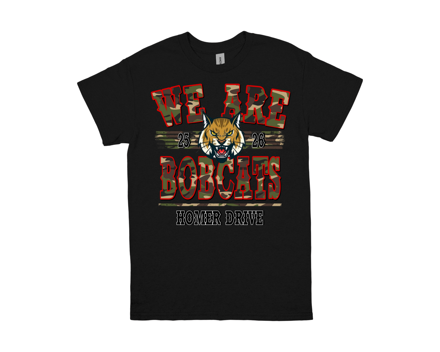Black Homer Drive "We Are Bobcats" spirit shirt with bobcat mascot design