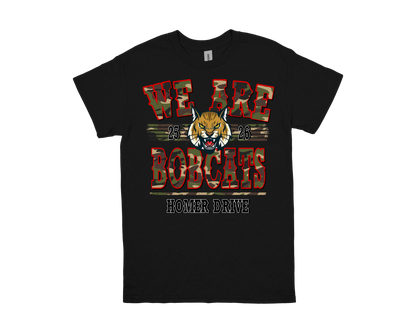Black Homer Drive "We Are Bobcats" spirit shirt with bobcat mascot design
