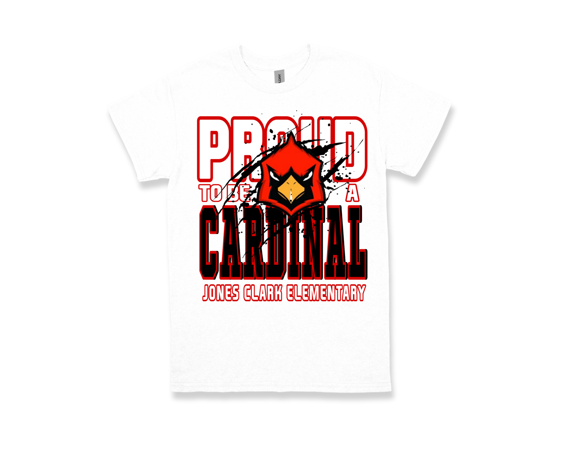 Jones Clark elementary Proud to Be a Cardinal white t-shirt with cardinal mascot design