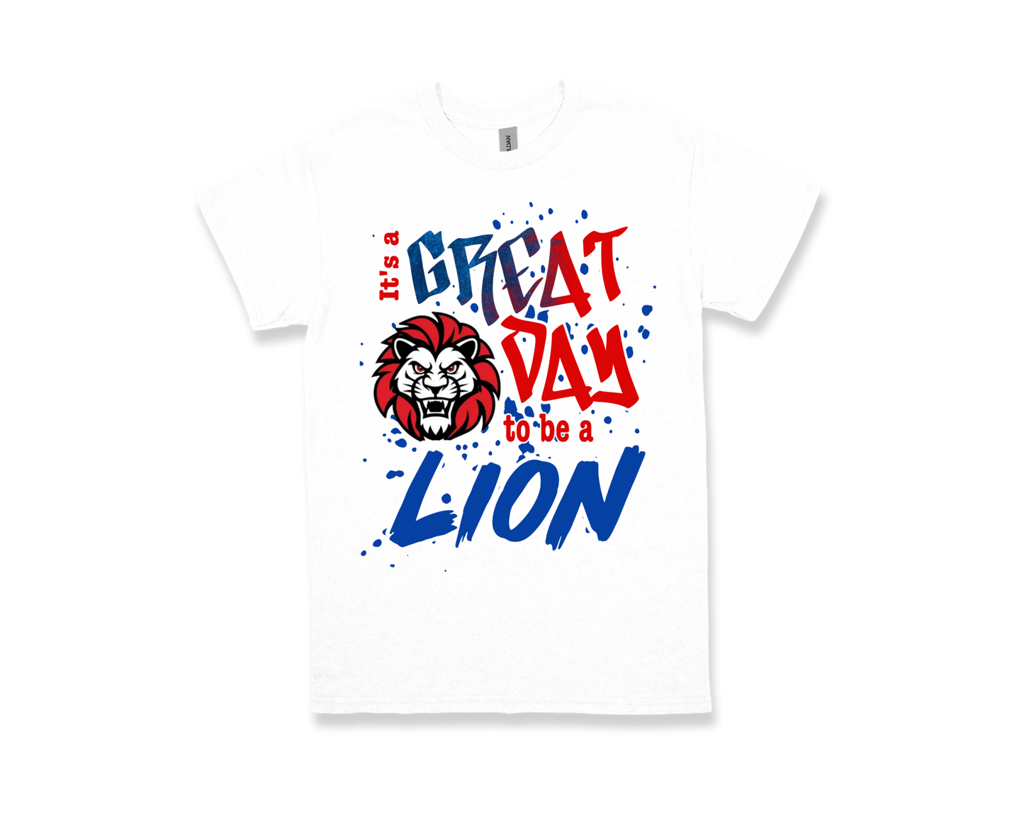 Fehl Price white shirt with Great Day to Be a Lion slogan and lion graphic in red and blue colors
