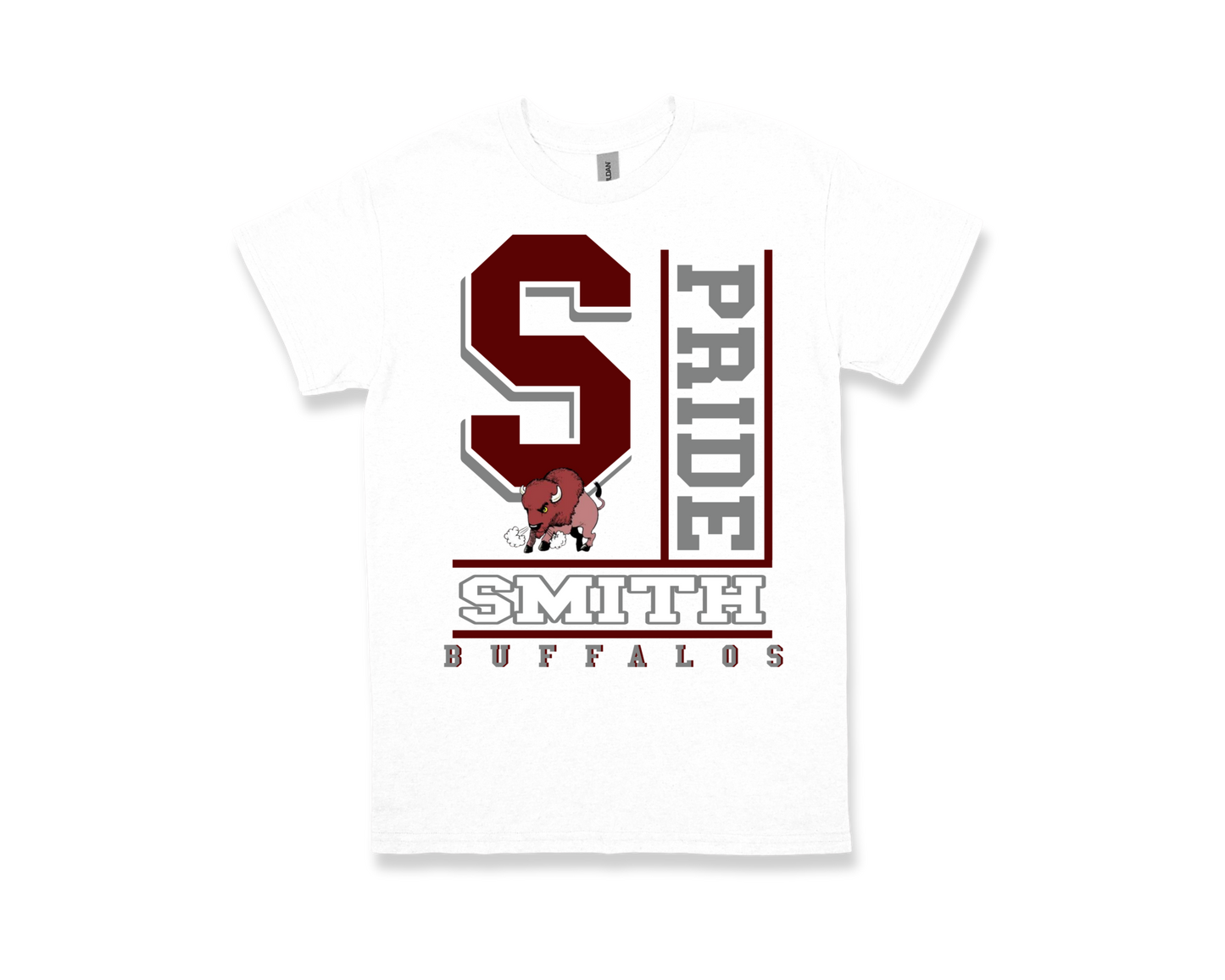 White Smith M.S.-PRIDE t-shirt with large "S" and buffalo graphic, school spirit design
