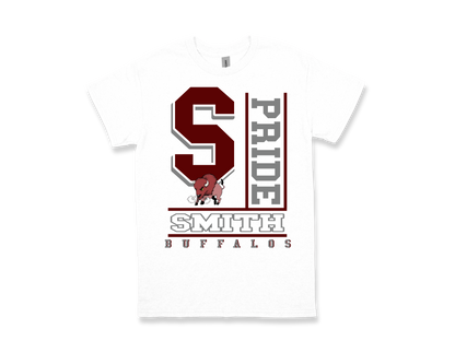 White Smith M.S.-PRIDE t-shirt with large "S" and buffalo graphic, school spirit design