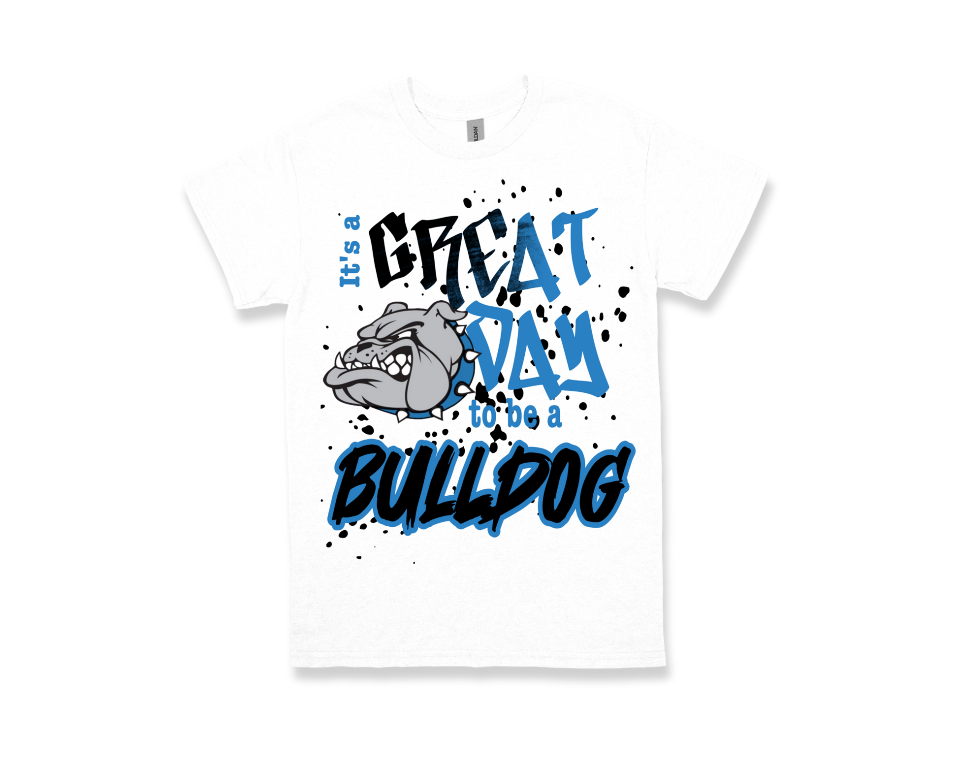 White Charlton Pollard school spirit t-shirt with "Great day to be a Bulldog" text and bulldog graphic