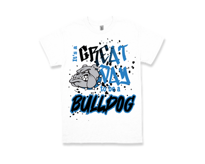 White Charlton Pollard school spirit t-shirt with "Great day to be a Bulldog" text and bulldog graphic