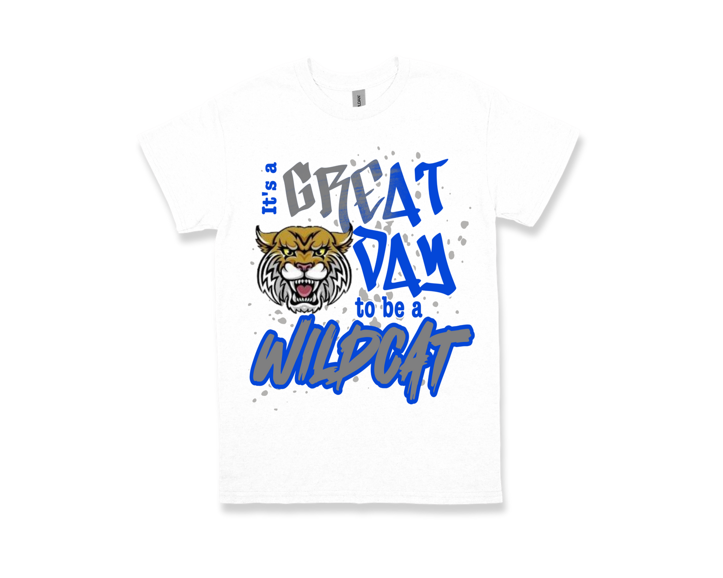 White ODOM Great Day To Be A Wildcat spirit shirt with wildcat graphic and bold blue text design
