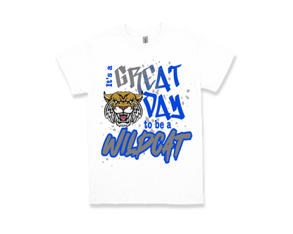 White ODOM Great Day To Be A Wildcat spirit shirt with wildcat graphic and bold blue text design