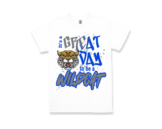 White ODOM Great Day To Be A Wildcat spirit shirt with wildcat graphic and bold blue text design