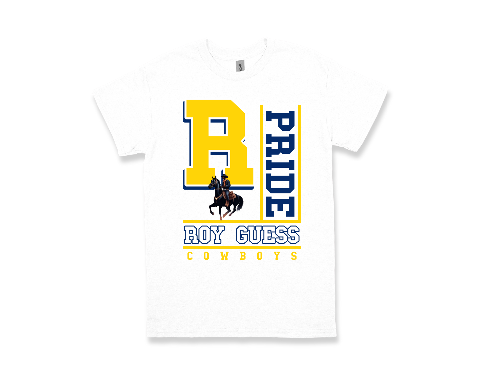 White Roy Guess- PRIDE spirit shirt with yellow and navy text and cowboy graphic