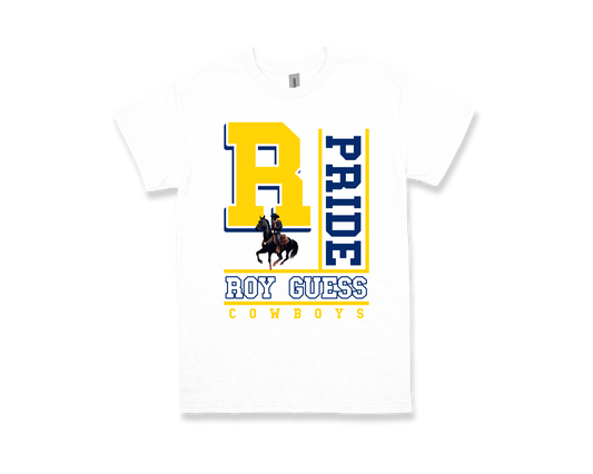 White Roy Guess- PRIDE spirit shirt with yellow and navy text and cowboy graphic