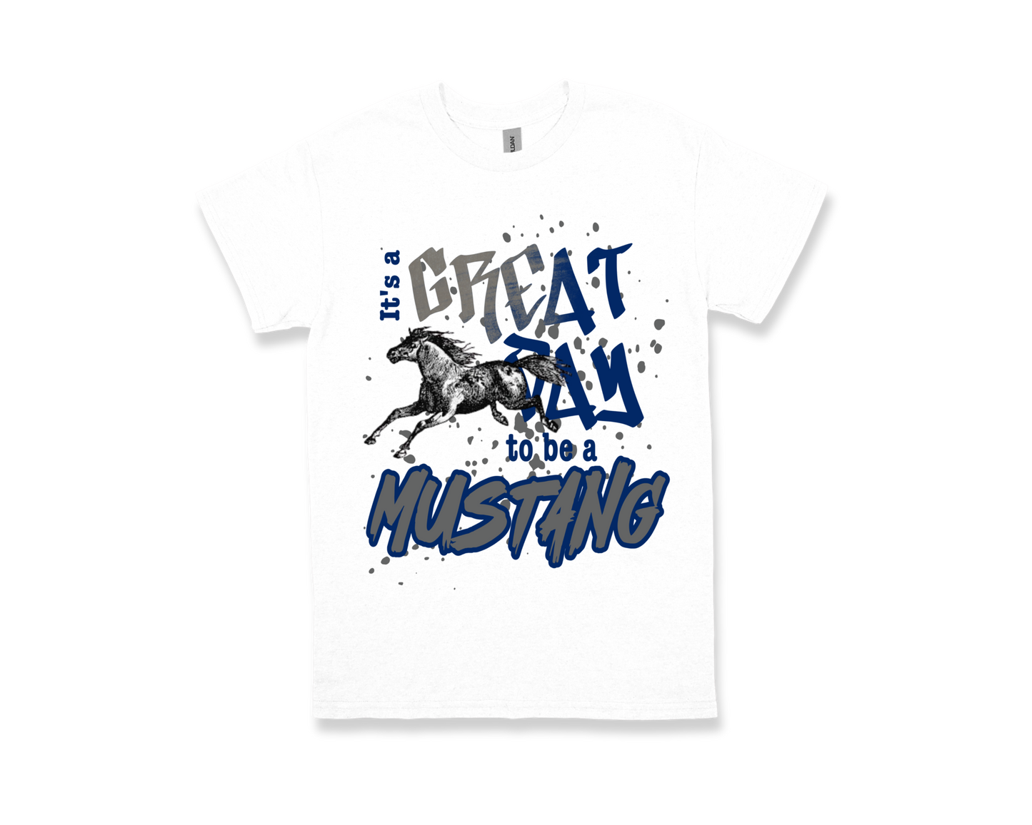 White Vincent Spirit Shirt with "It's a Great Day to be a Mustang" text and galloping mustang graphic