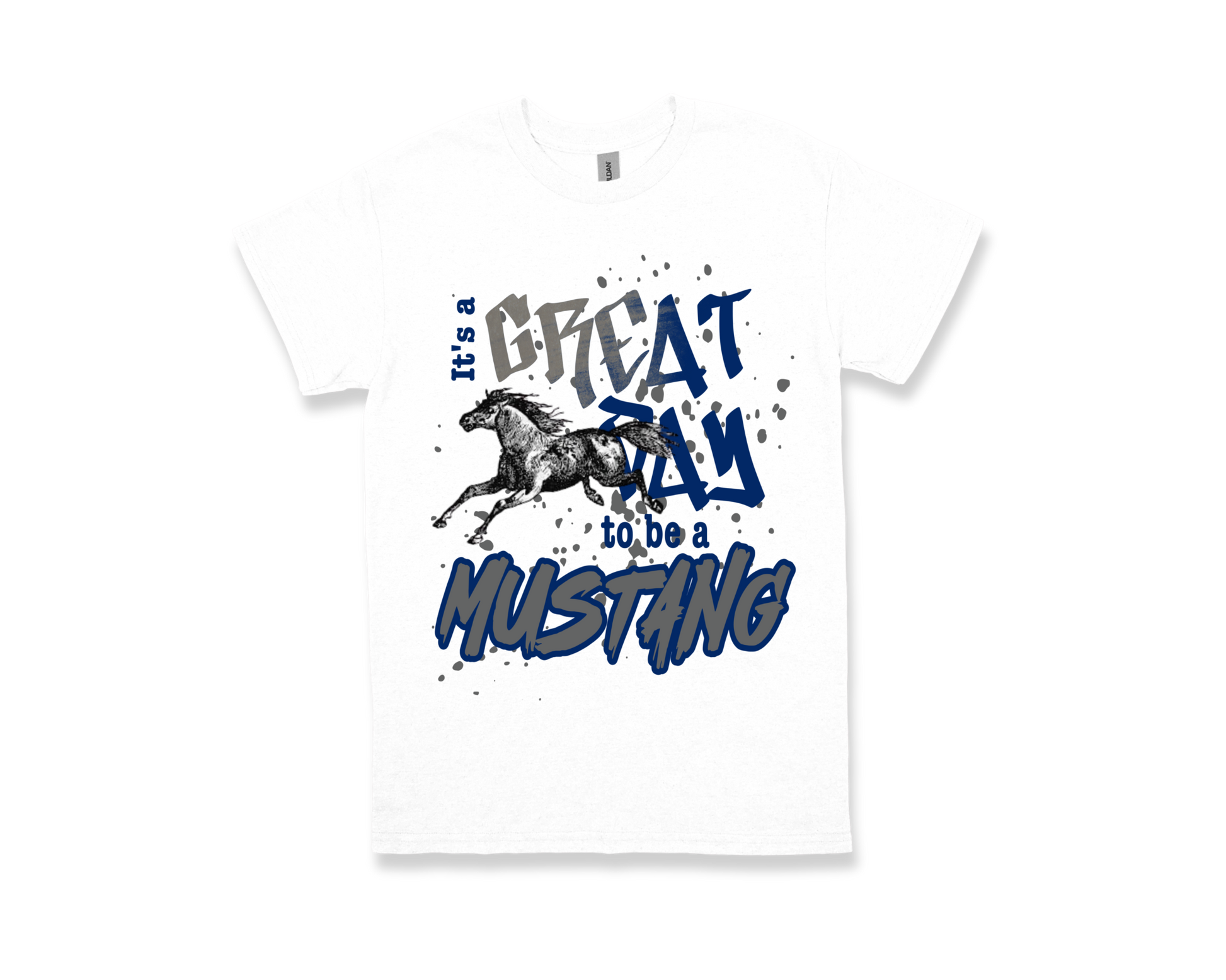 White Vincent Spirit Shirt with "It's a Great Day to be a Mustang" text and galloping mustang graphic