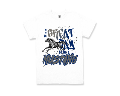 White Vincent Spirit Shirt with "It's a Great Day to be a Mustang" text and galloping mustang graphic