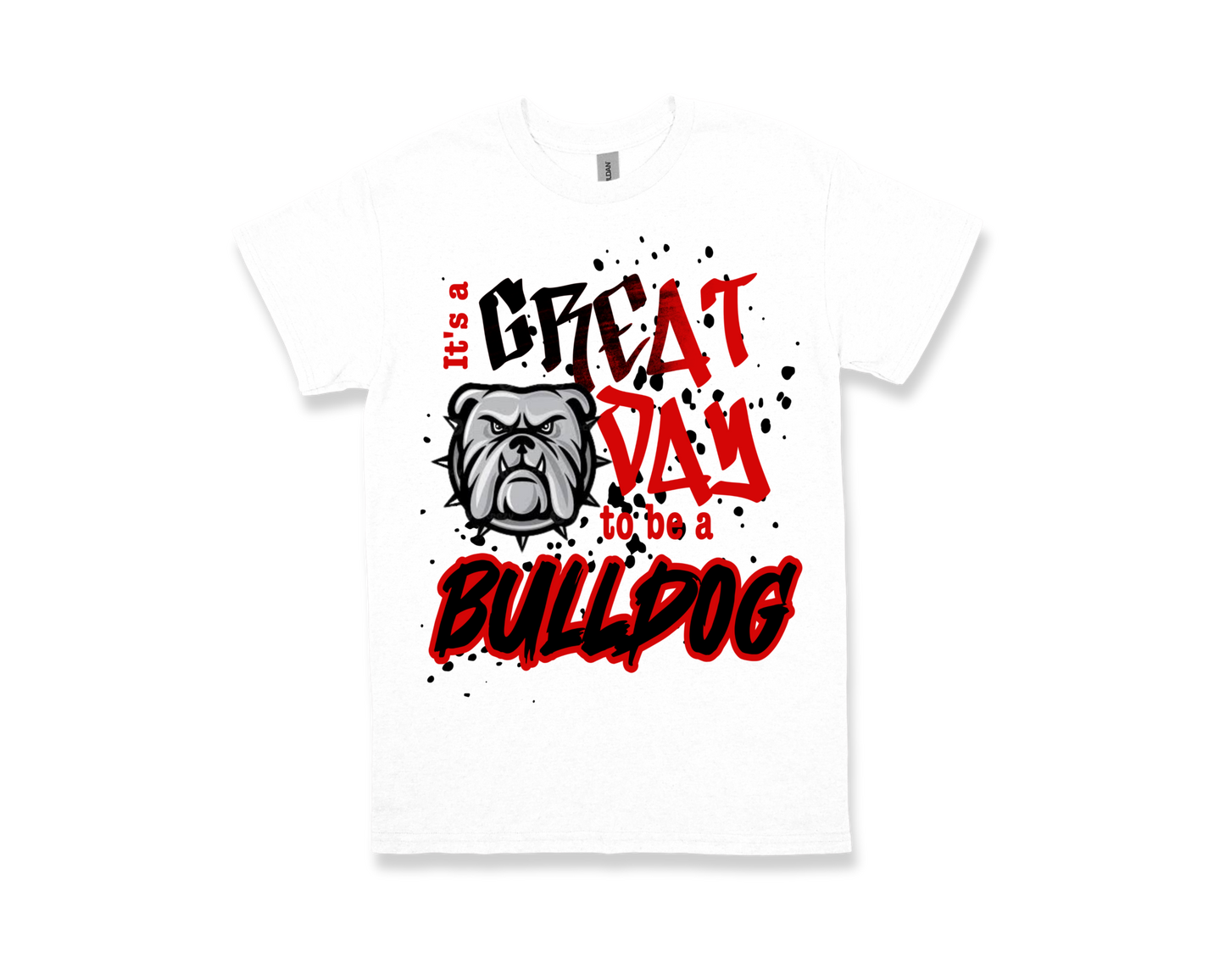 Marshall white t-shirt with "GREAT DAY to be a BULLDOG" text and bulldog graphic for school spirit