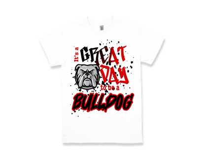 Marshall white t-shirt with "GREAT DAY to be a BULLDOG" text and bulldog graphic for school spirit