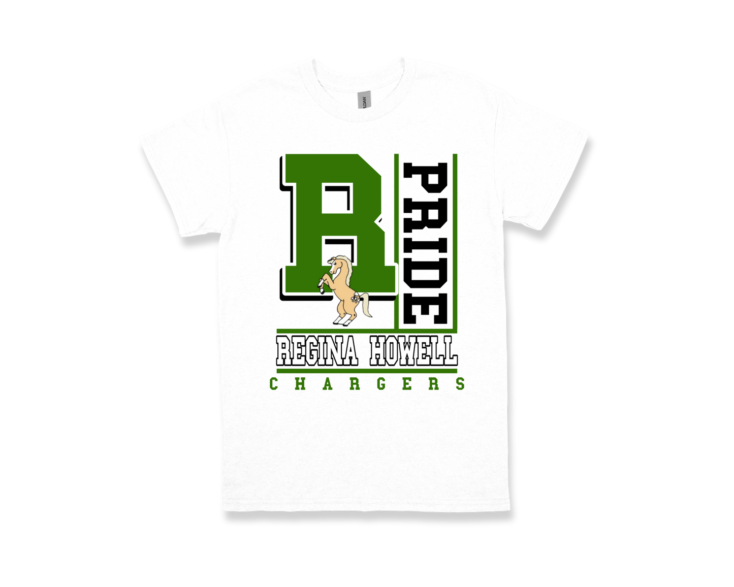 White Regina Howell-PRIDE shirt with green and black text and horse mascot design
