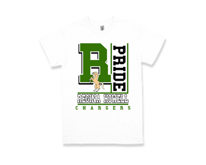 White Regina Howell-PRIDE shirt with green and black text and horse mascot design