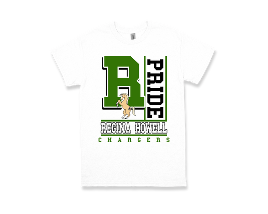 White Regina Howell-PRIDE shirt with green and black text and horse mascot design