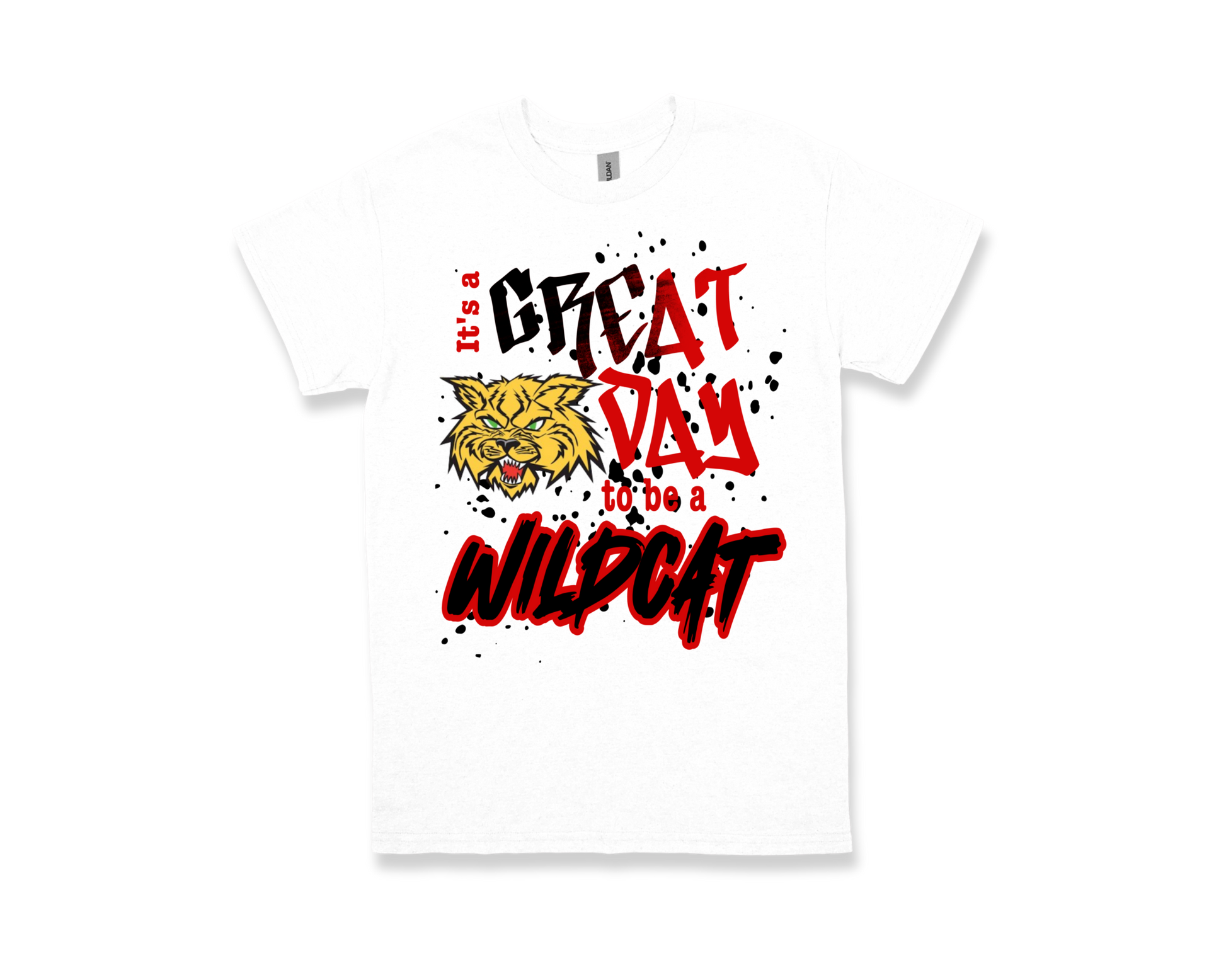 White t-shirt with "It's a GREAT DAY to be a WILDCAT" text and wildcat mascot graphic for school spirit