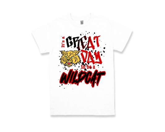 White t-shirt with "It's a GREAT DAY to be a WILDCAT" text and wildcat mascot graphic for school spirit
