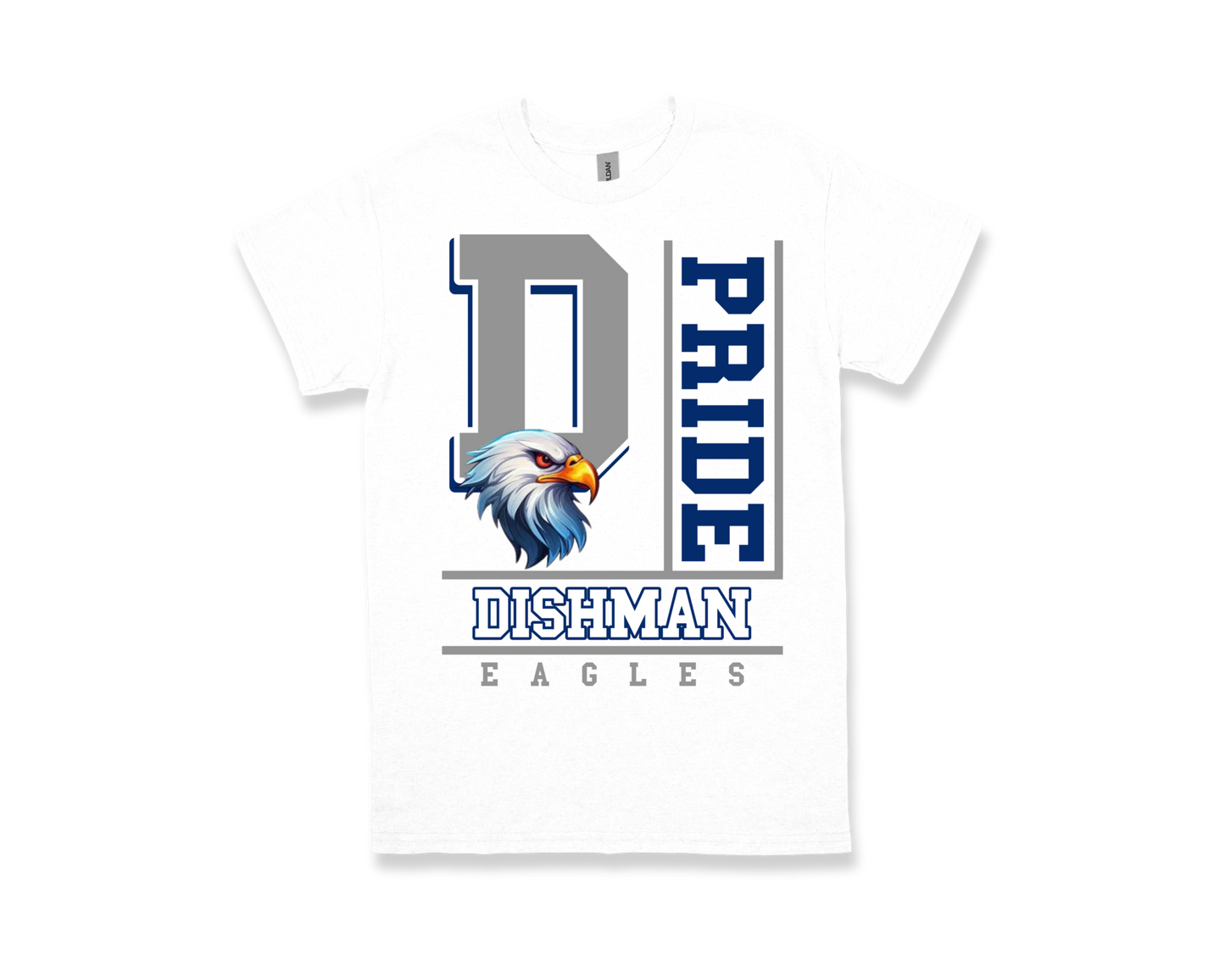White Dishman-PRIDE spirit shirt with eagle graphic and school pride text