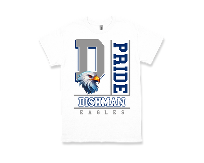 White Dishman-PRIDE spirit shirt with eagle graphic and school pride text
