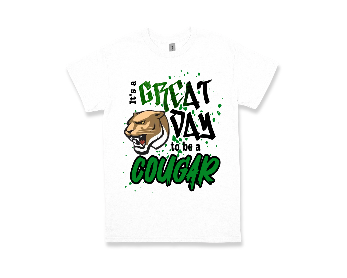 White Pietzsch MacArthur "Great Day to Be a Cougar" shirt with cougar graphic and green black text