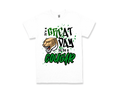 White Pietzsch MacArthur "Great Day to Be a Cougar" shirt with cougar graphic and green black text