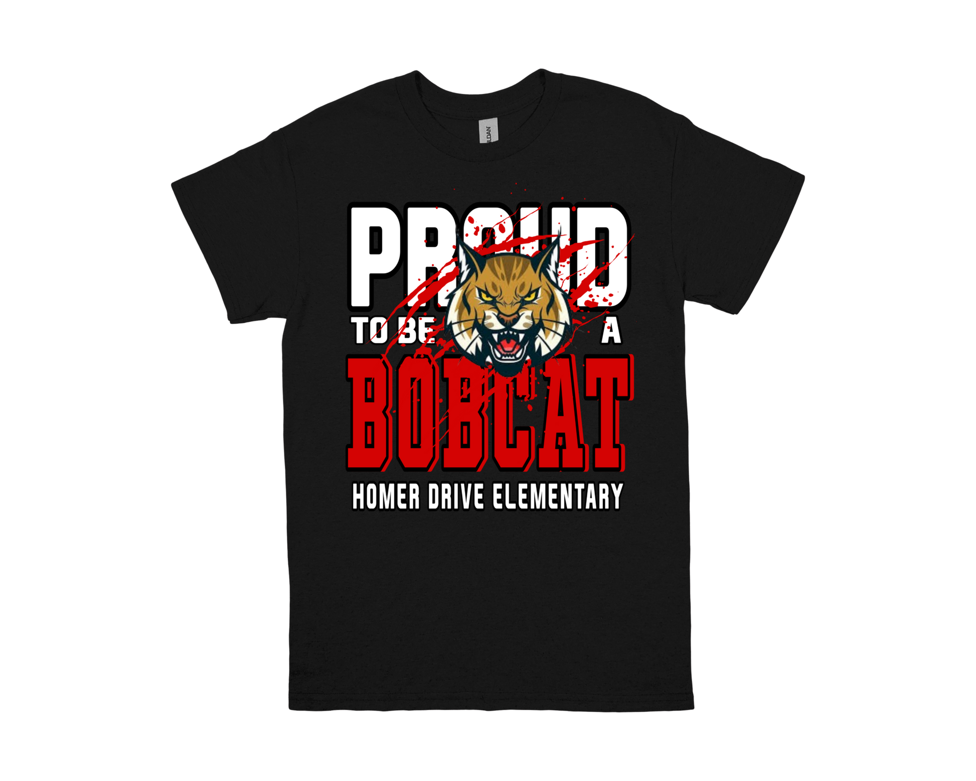 Black Homer Drive-PROUD TO BE A BOBCAT t-shirt with bold school spirit design and bobcat mascot for Homer Drive Elementary