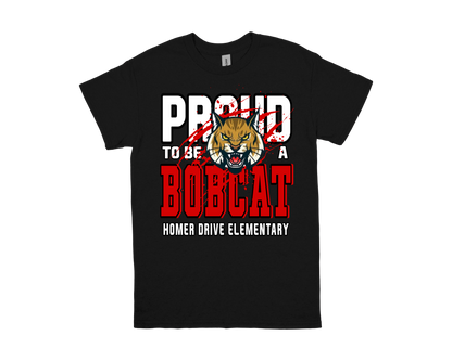 Black Homer Drive-PROUD TO BE A BOBCAT t-shirt with bold school spirit design and bobcat mascot for Homer Drive Elementary