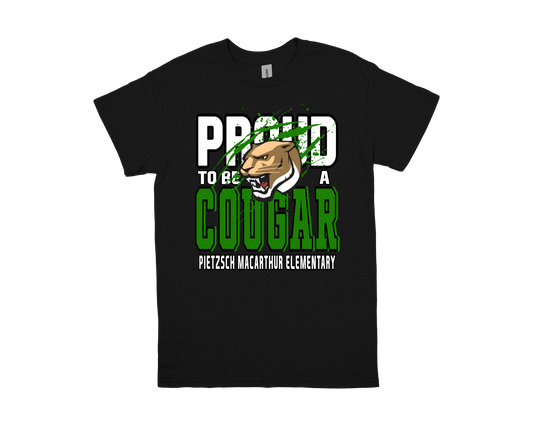 Black Pietzsch MacArthur Proud to Be a Cougar school spirit t-shirt with cougar mascot design