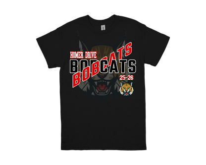 Black Homer Drive-BOBCATS spirit shirt with bobcat graphic and red and white text design