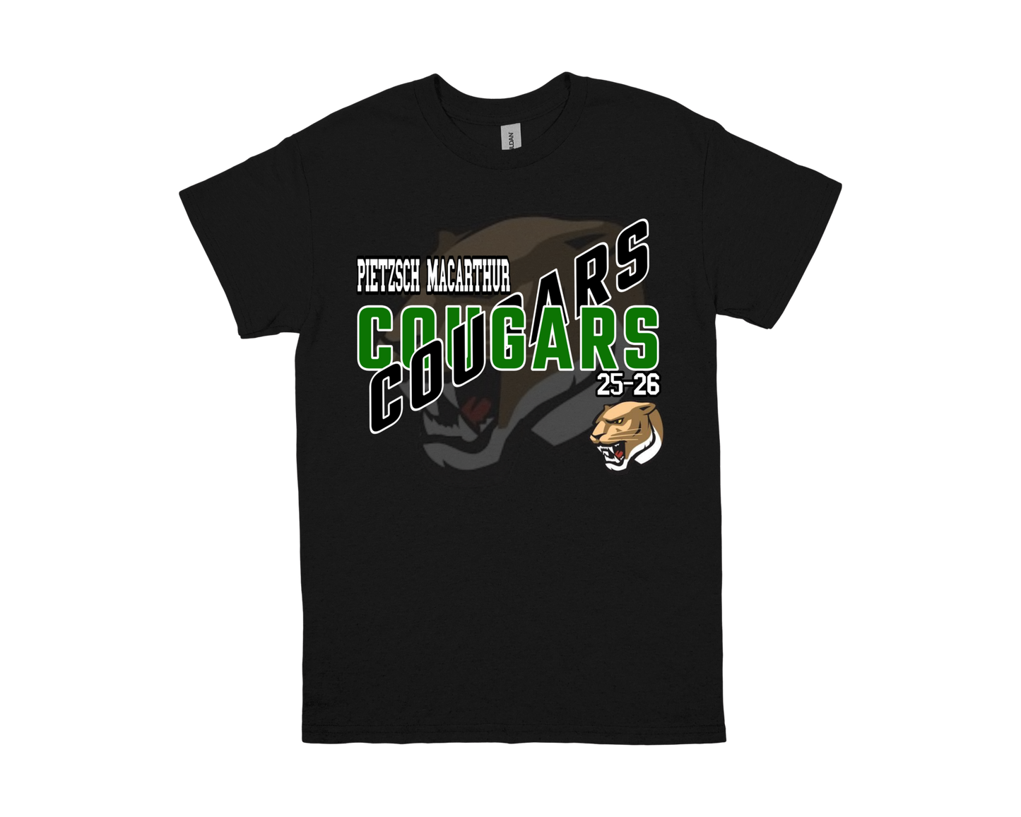 Pietzsch MacArthur-COUGARS black spirit shirt with bold green and white cougar graphics and school name