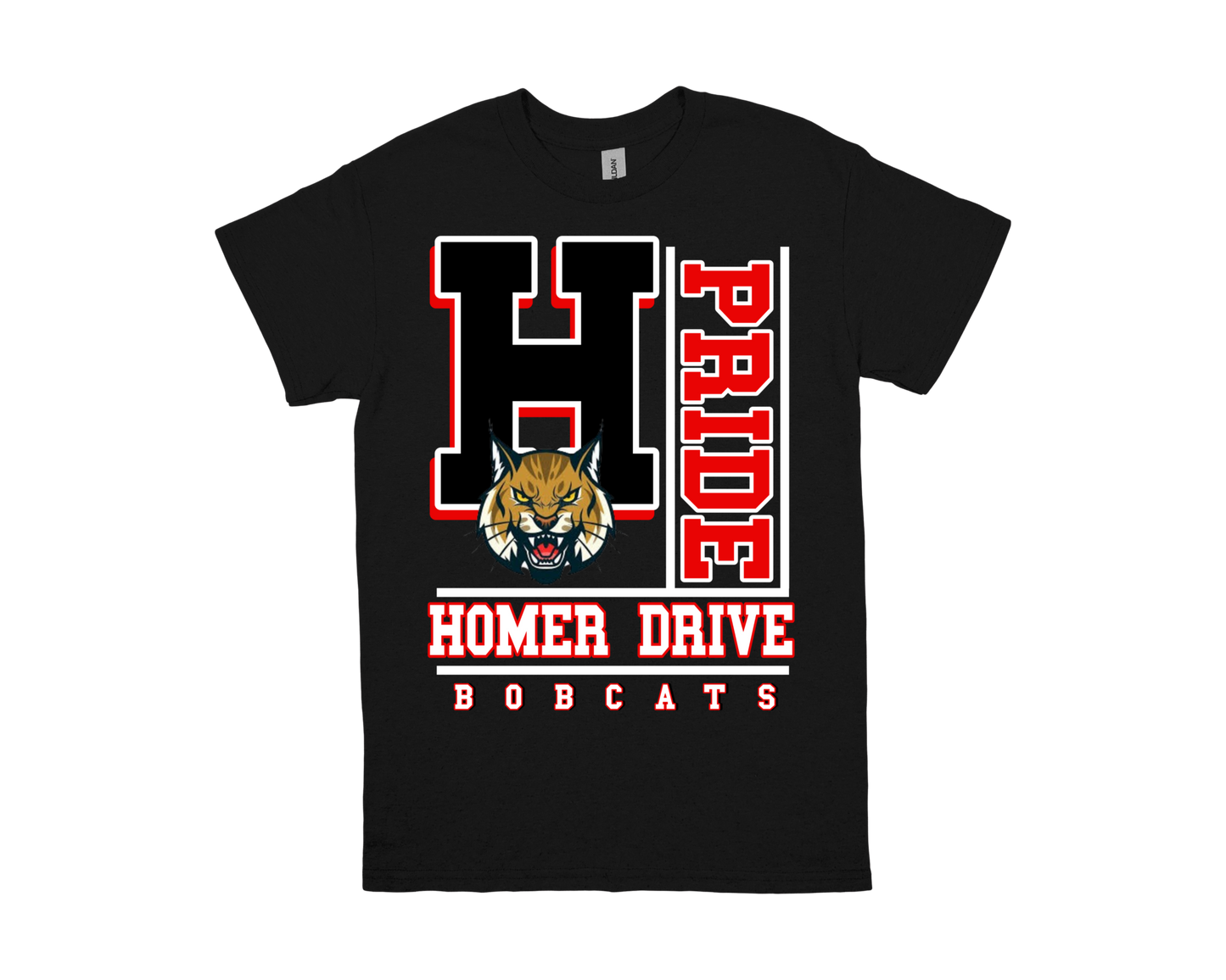 Black Homer Drive-PRIDE t-shirt with bold "H" and bobcat logo, celebrating school spirit and pride