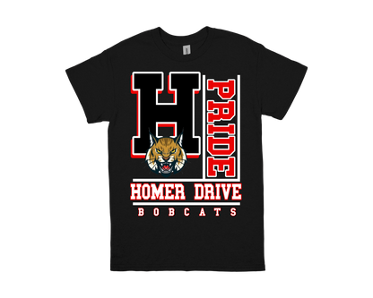 Black Homer Drive-PRIDE t-shirt with bold "H" and bobcat logo, celebrating school spirit and pride
