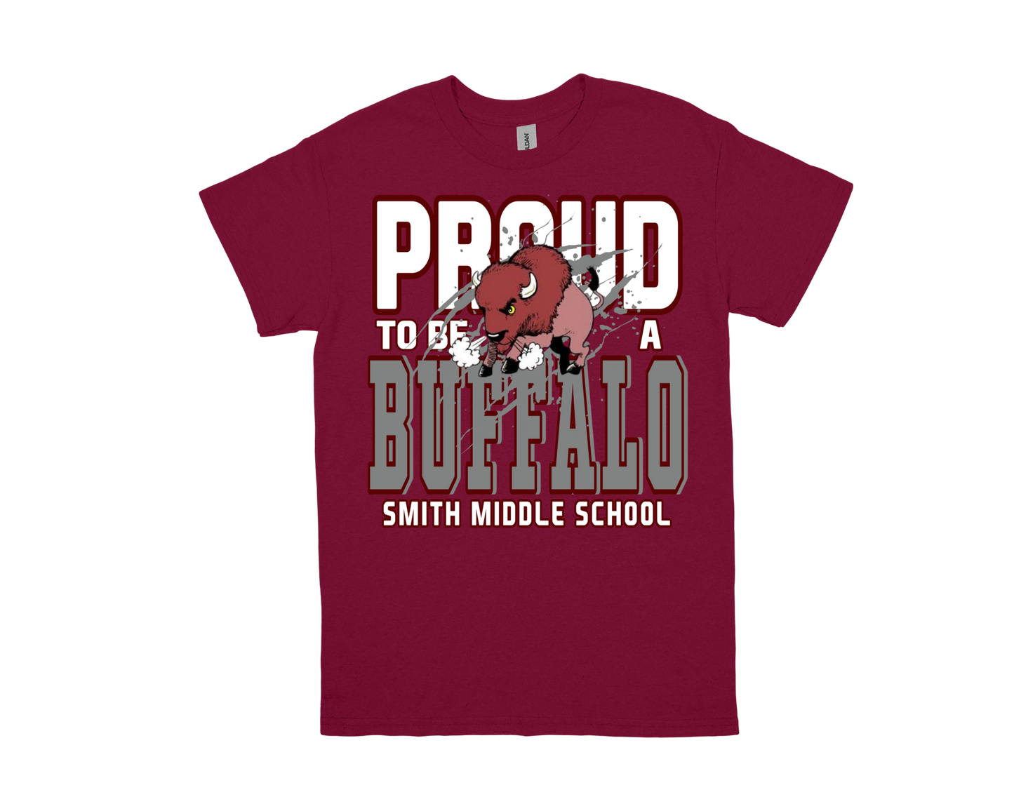 Smith M.S. Proud to Be a Buffalo maroon school spirit t-shirt with buffalo graphic and school name