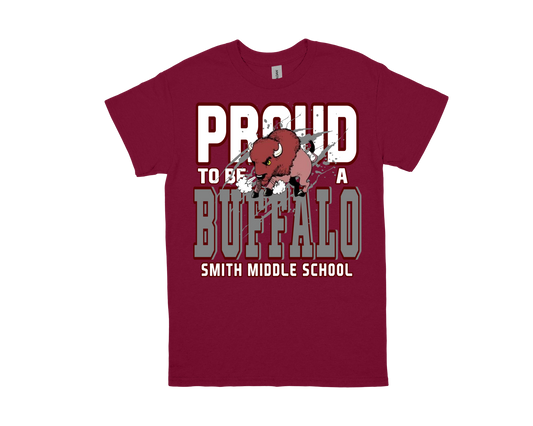 Smith M.S. Proud to Be a Buffalo maroon school spirit t-shirt with buffalo graphic and school name