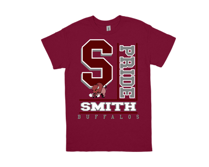 Smith M.S.-PRIDE maroon t-shirt with large "S", buffalo mascot, and school spirit text design