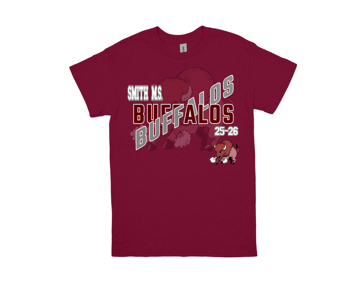 Smith M.S.-BUFFALOS maroon school spirit shirt with buffalo graphic and bold text design