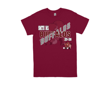 Smith M.S.-BUFFALOS maroon school spirit shirt with buffalo graphic and bold text design