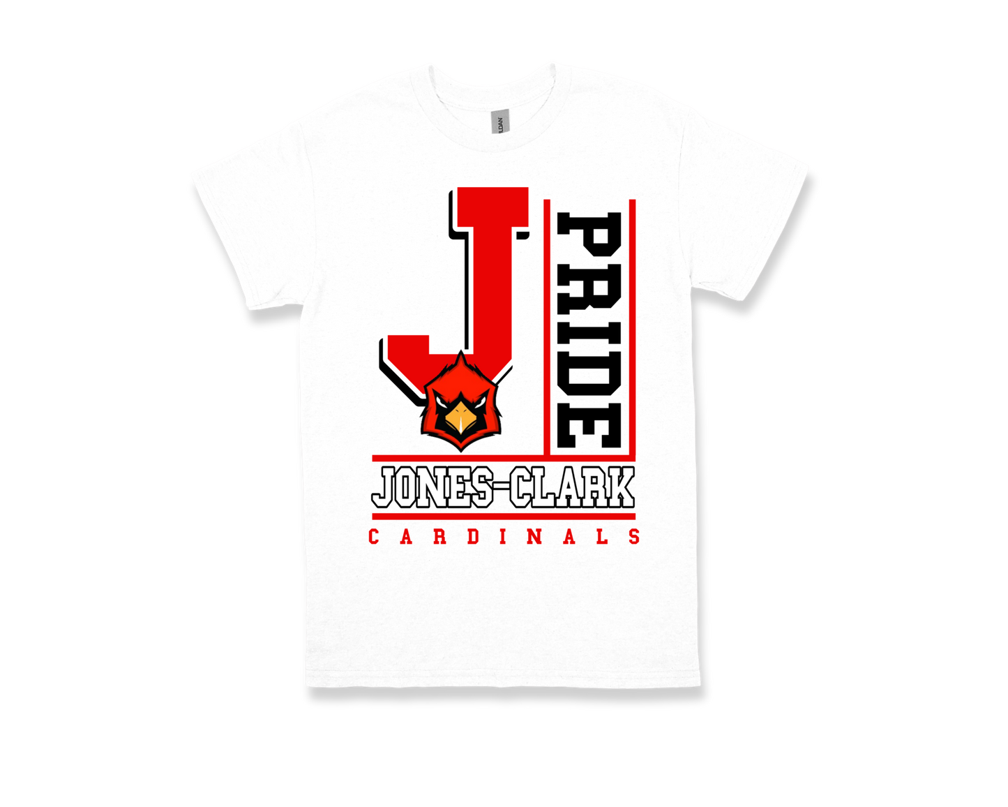 White Jones Clark-PRIDE spirit shirt with red and black text and cardinal logo