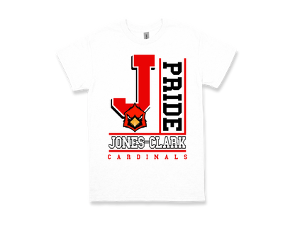 White Jones Clark-PRIDE spirit shirt with red and black text and cardinal logo