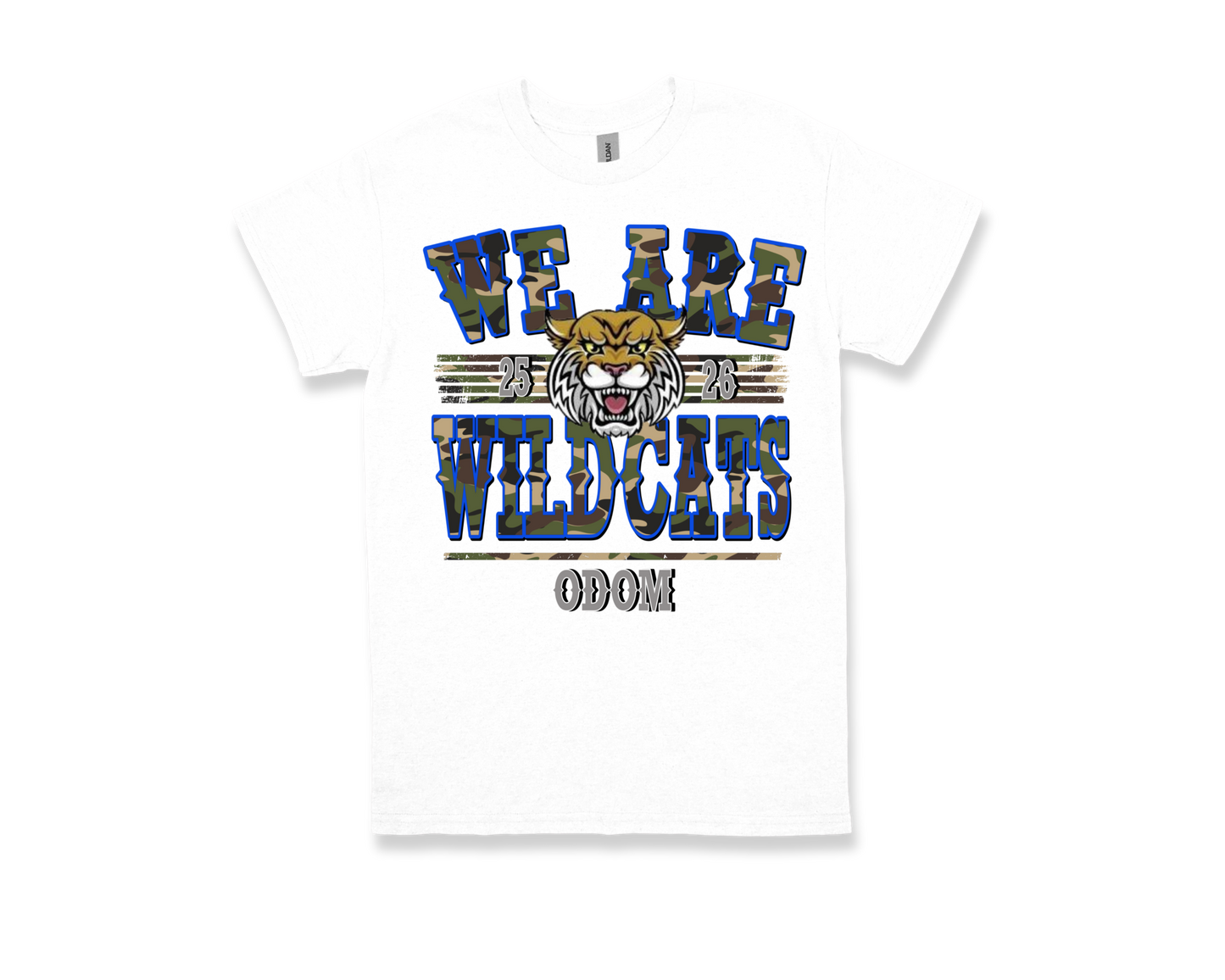 White ODOM We Are Wildcats school spirit t-shirt with wildcat graphic and camo text design
